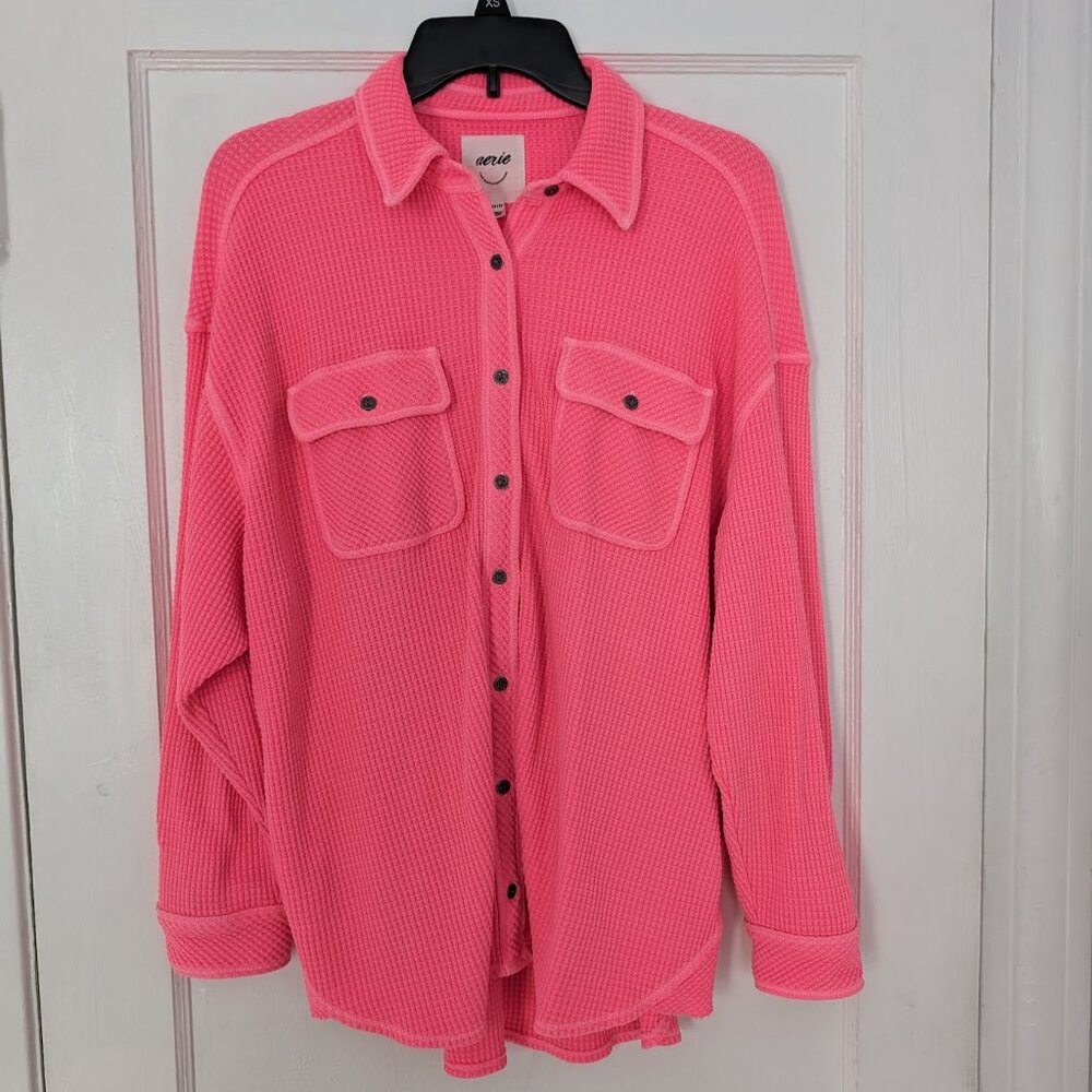 Aerie Oversized Lumberjane Waffle Buttondown Coral Sun XS
